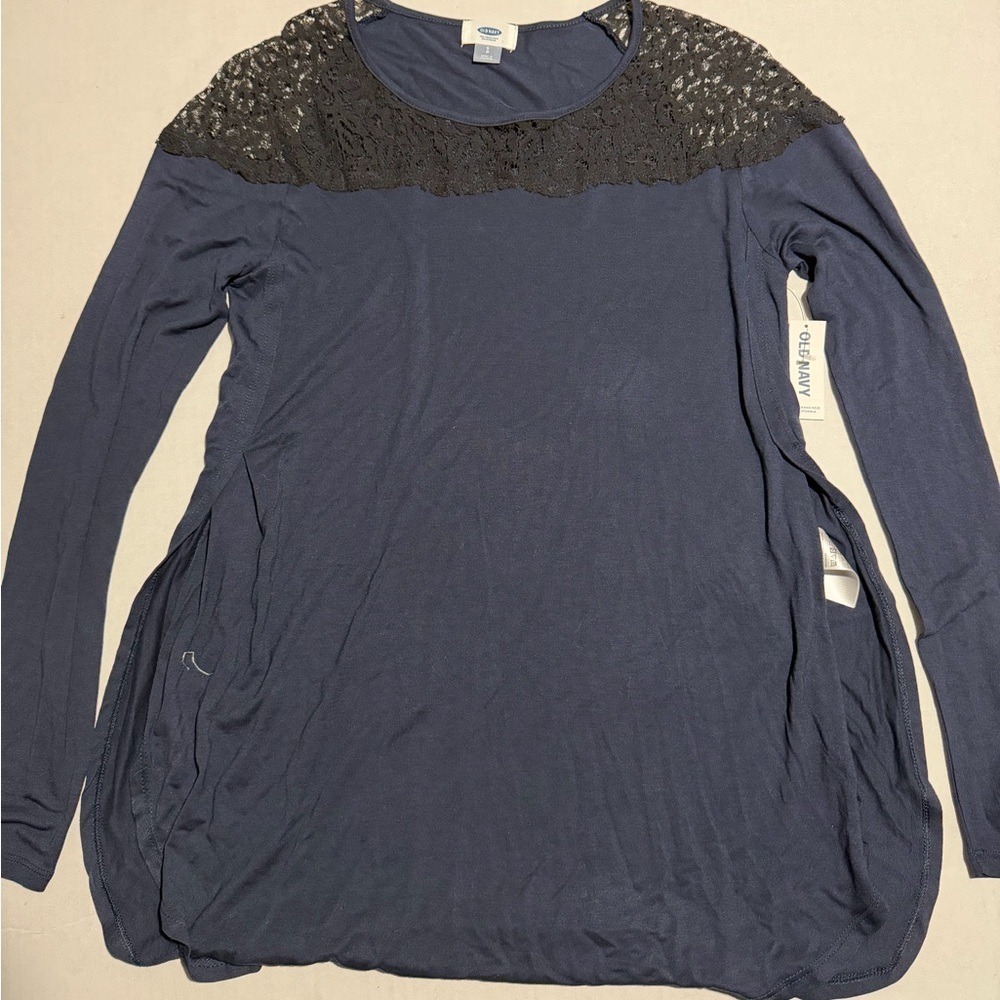 old navy blue lacey ls blouse w/large side slits, women's small‎ nwt